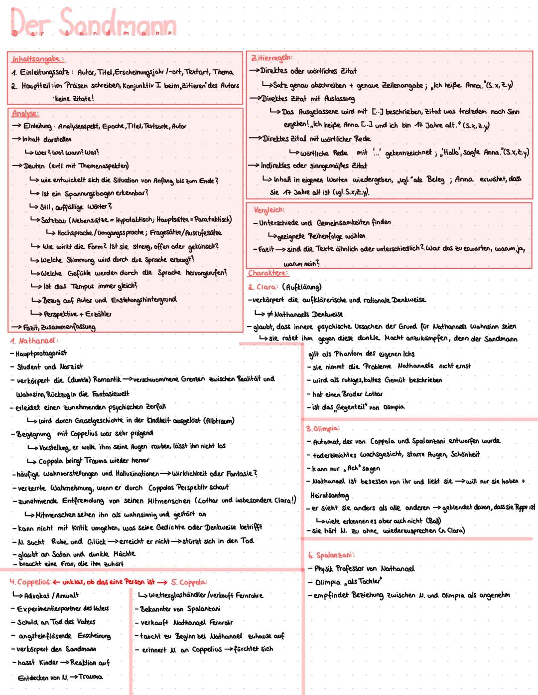 # Der Sandmann

Inhaltsangabe:
1. Einleitungssatz: Autor, Titel, Erscheinungsjahr/-ort, Textart, Thema
2. Hauptteil im Präsen schreiben, Kon