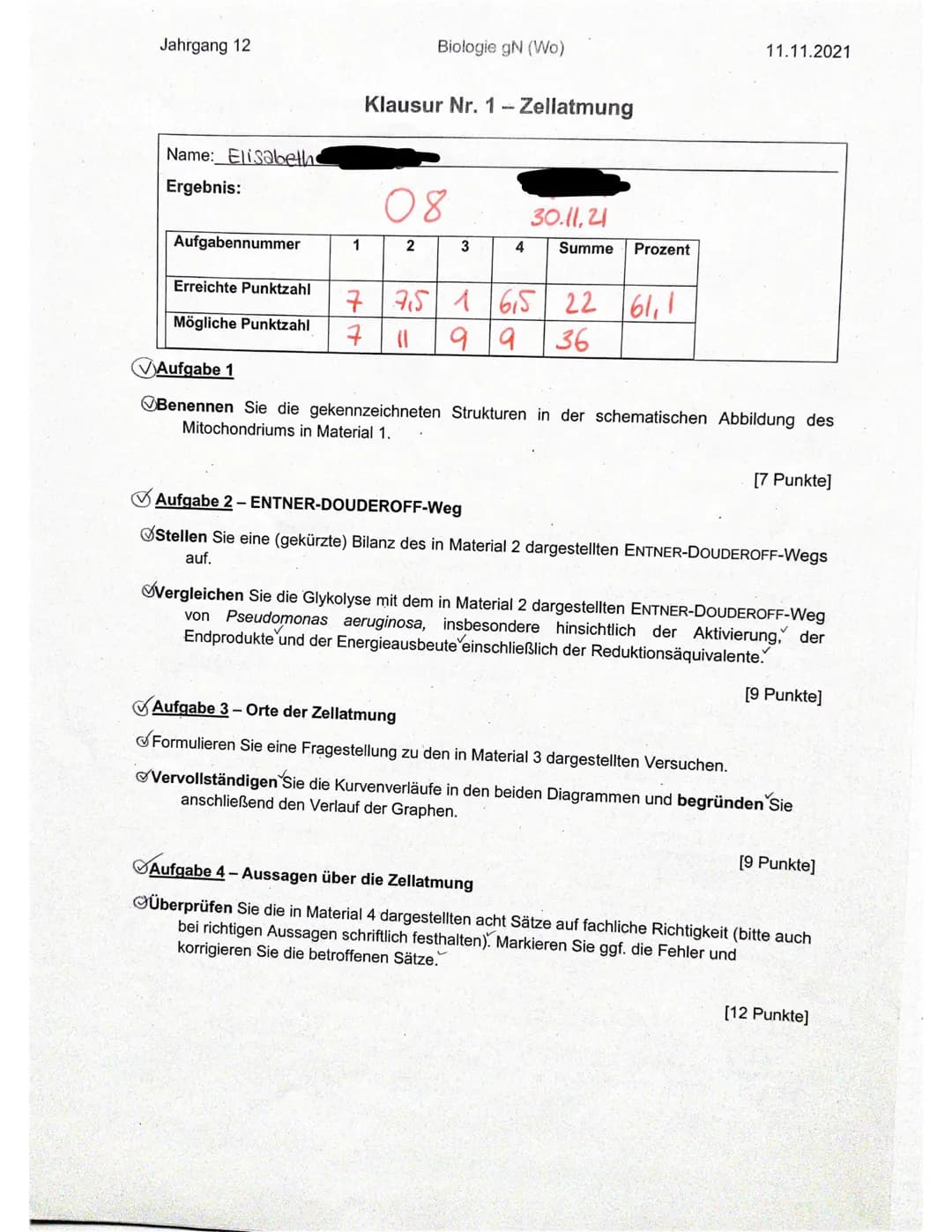 Jahrgang 12
Name: Elisabeths
Ergebnis:
Aufgabennummer
1
Erreichte Punktzahl
7
Mögliche Punktzahl 7
Biologie gN (Wo)
Klausur Nr. 1 - Zellatmu