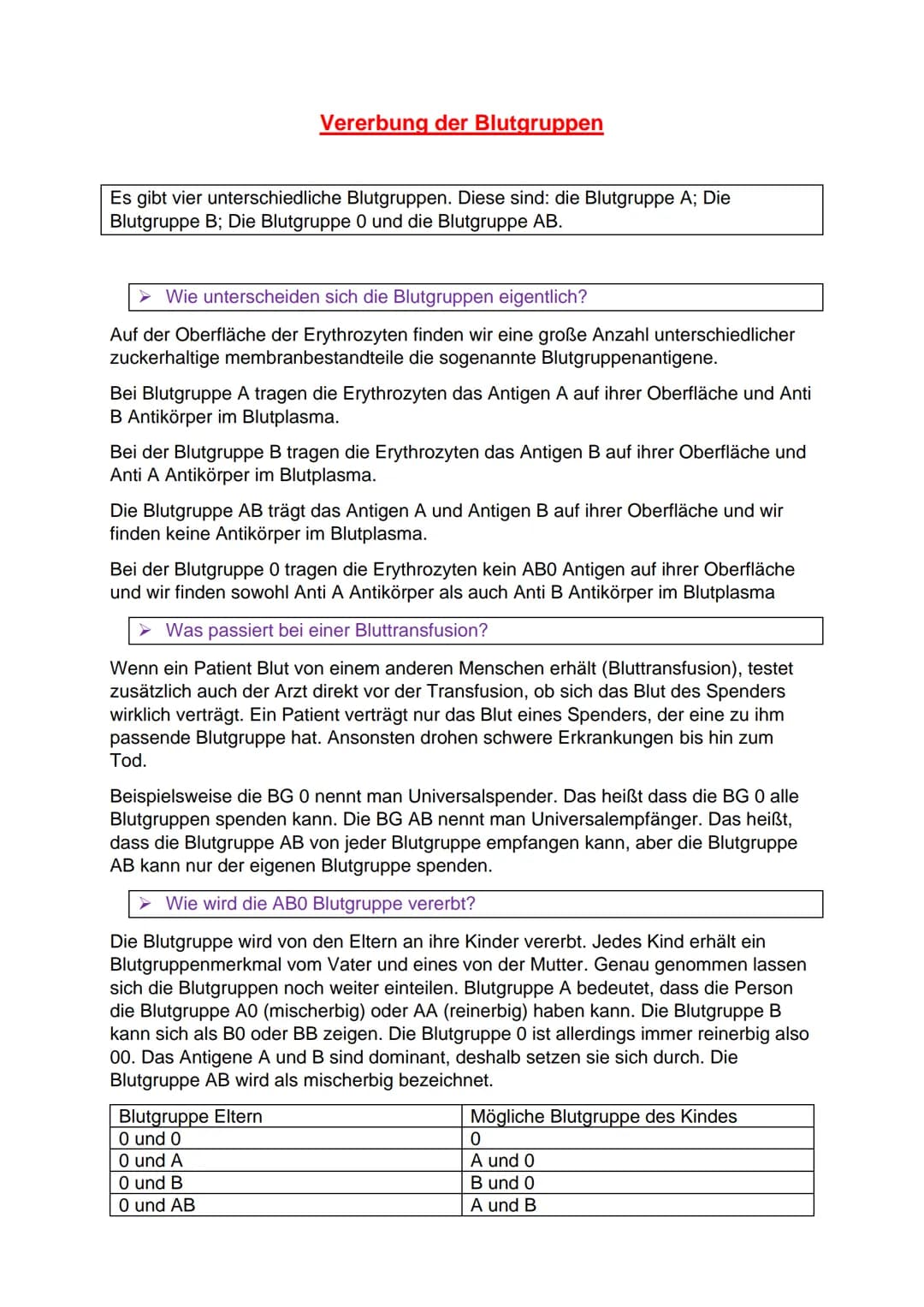 Vererbung der Blutgruppen
Es gibt vier unterschiedliche Blutgruppen. Diese sind: die Blutgruppe A; Die
Blutgruppe B; Die Blutgruppe 0 und di