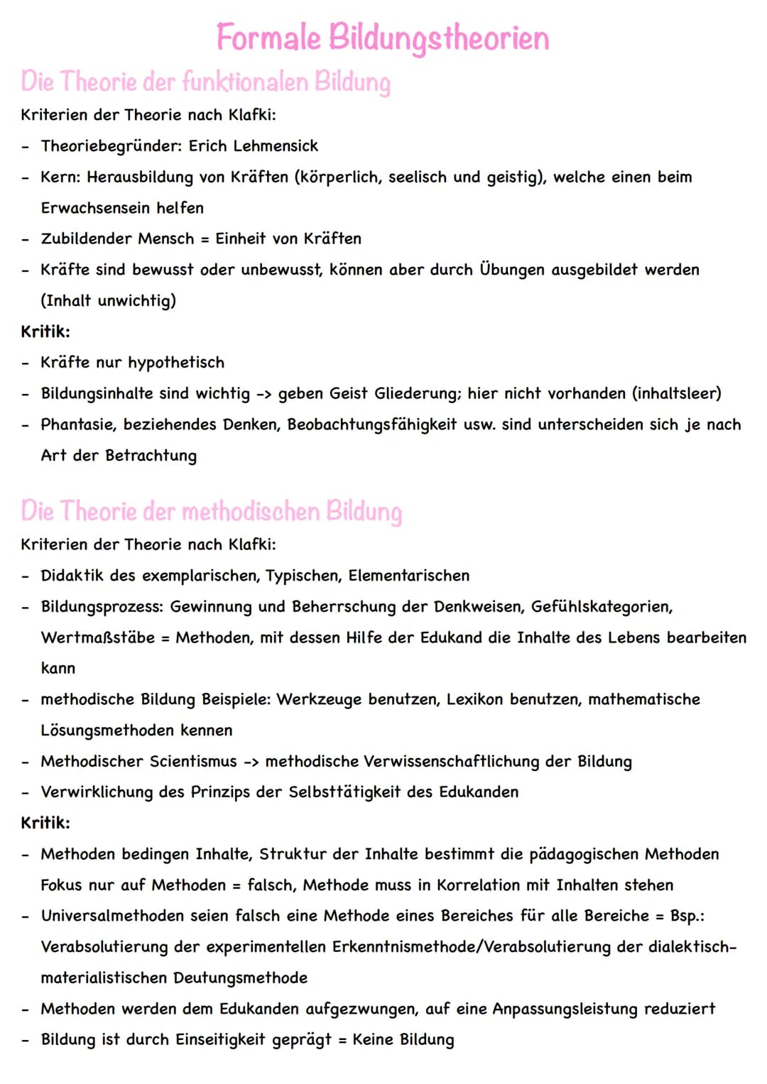 Die Theorie der funktionalen Bildung
Kriterien der Theorie nach Klafki:
Theoriebegründer: Erich Lehmensick
Kern: Herausbildung von Kräften (