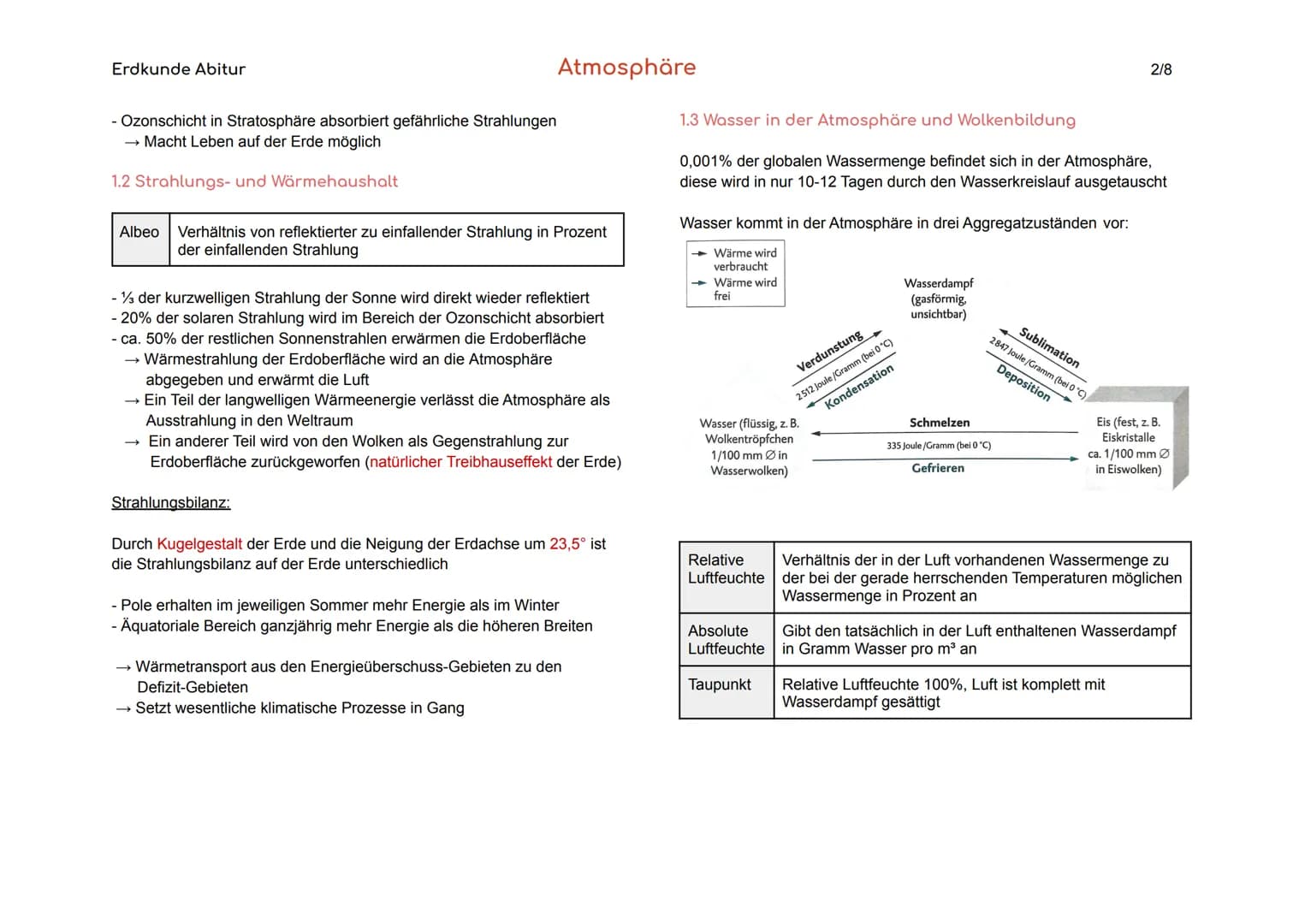 Erdkunde Abitur
1. Grundlagen
Wetterelemente
Wetter
Witterung
Klima
Klimafaktoren
Atmosphäre
Messbare Einzelerscheinungen in der Atmosphäre,