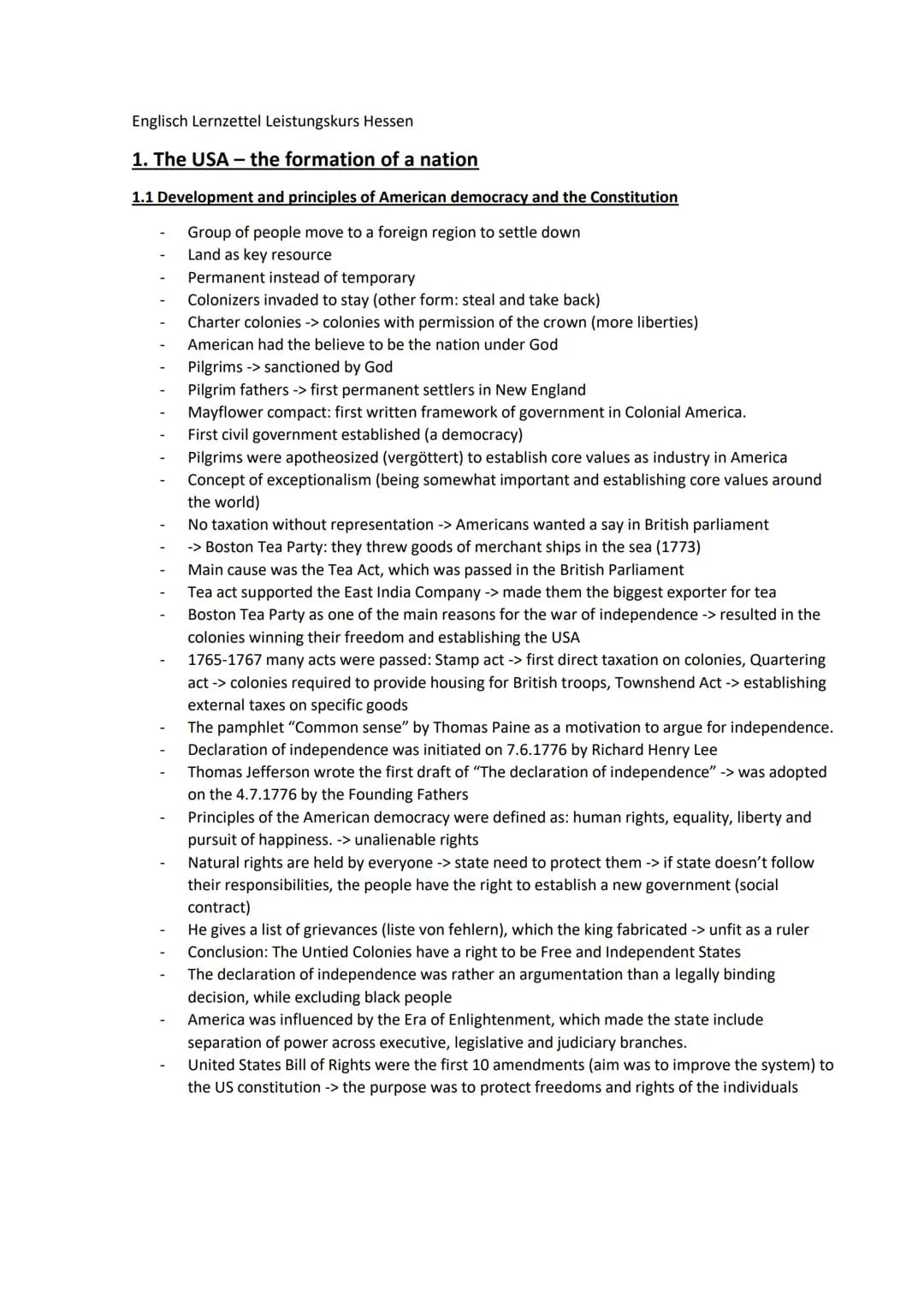 Englisch Lernzettel Leistungskurs Hessen
1. The USA - the formation of a nation
1.1 Development and principles of American democracy and the