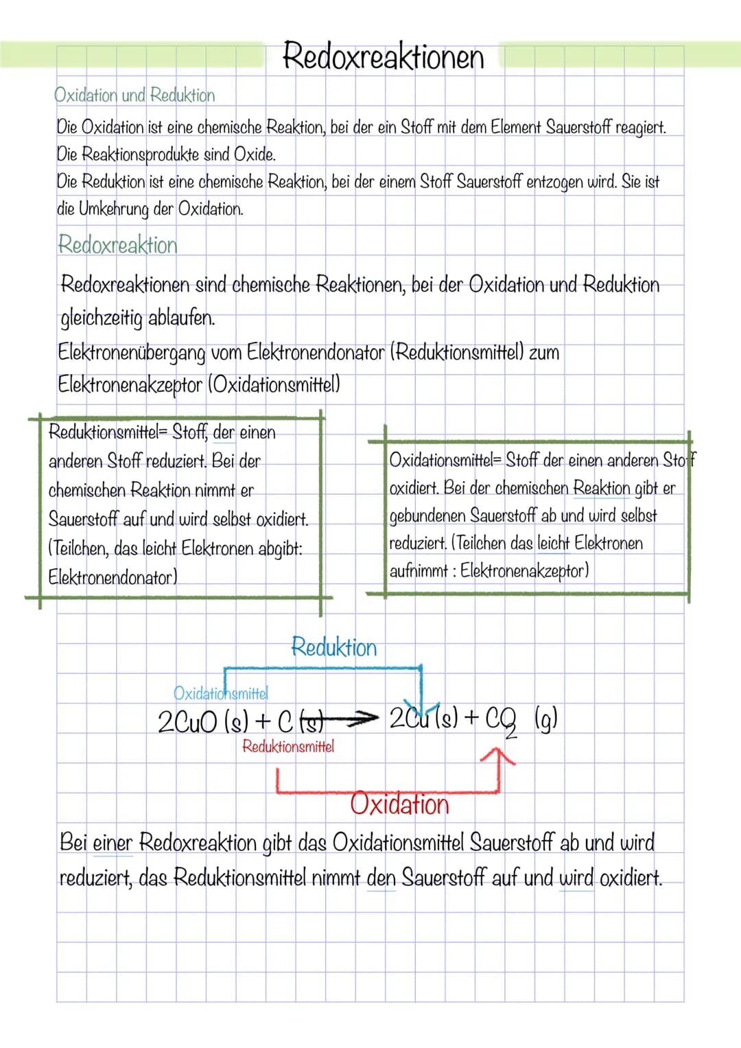 Redoxreaktionen
Oxidation und Reduktion
Die Oxidation ist eine chemische Reaktion, bei der ein Stoff mit dem Element Sauerstoff reagiert.
Di