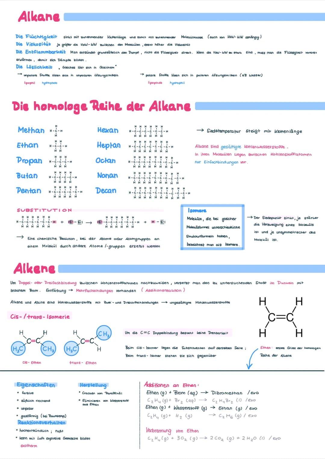 Alkane
Die Flüchtigkeit sinkt mit zunehmender Kettenlänge und somit mit zunehmender Molekülmasse (auch von Vow-WW abhängig)
Die Viskosität J