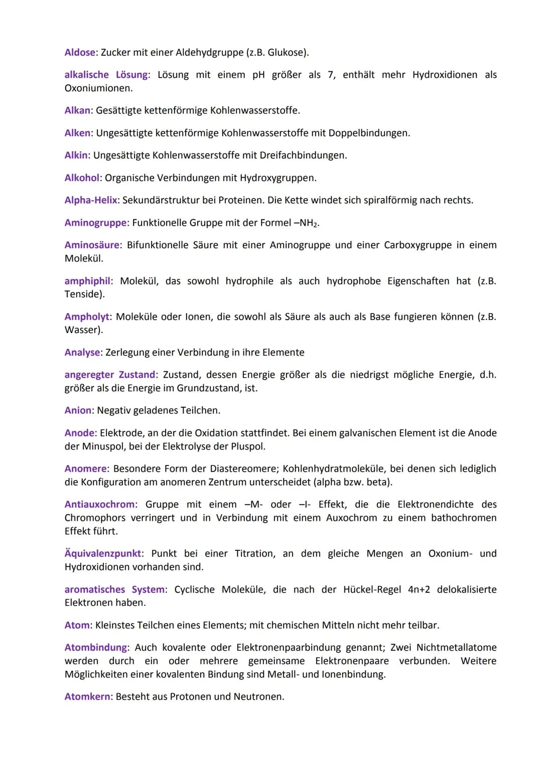 Glossar: Fachbegriffe aus der Chemie
Das Glossar enthält (so gut wie) alle Fachbegriffe, die man vom Anfangsunterricht der Chemie bis
zum Ab