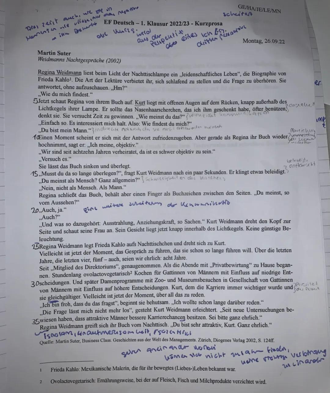 Deutsch Klausur EF Kurzgeschichte 