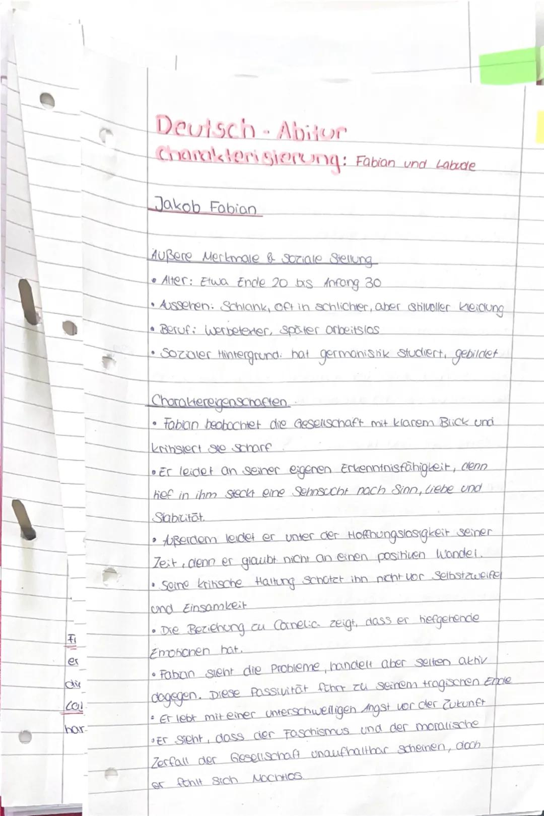 Deutsch-Abitor
Charakterisieping: Fabian und Labade

Jakob Fabian

Außere Merkmale & Soziale Stellung.
• Alter: Etwa Ende 20 bis Anrong 30
A