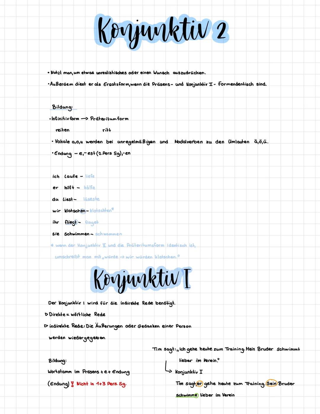 # Konjunktiv 2

• Nutzt man, um etwas unrealistisches oder einen Wunsch auszudrücken.

Außerdem dient er als Ersatzform, wenn die Präsens- u