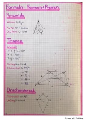 Know Formeln: Formen und Figuren; Pyramide, Trapez, Drachenviereck, Rhombus (Volumen, Mantelfläche, Flächeninhalt, Umfang, Oberflächeninhalt, Winkel)  thumbnail