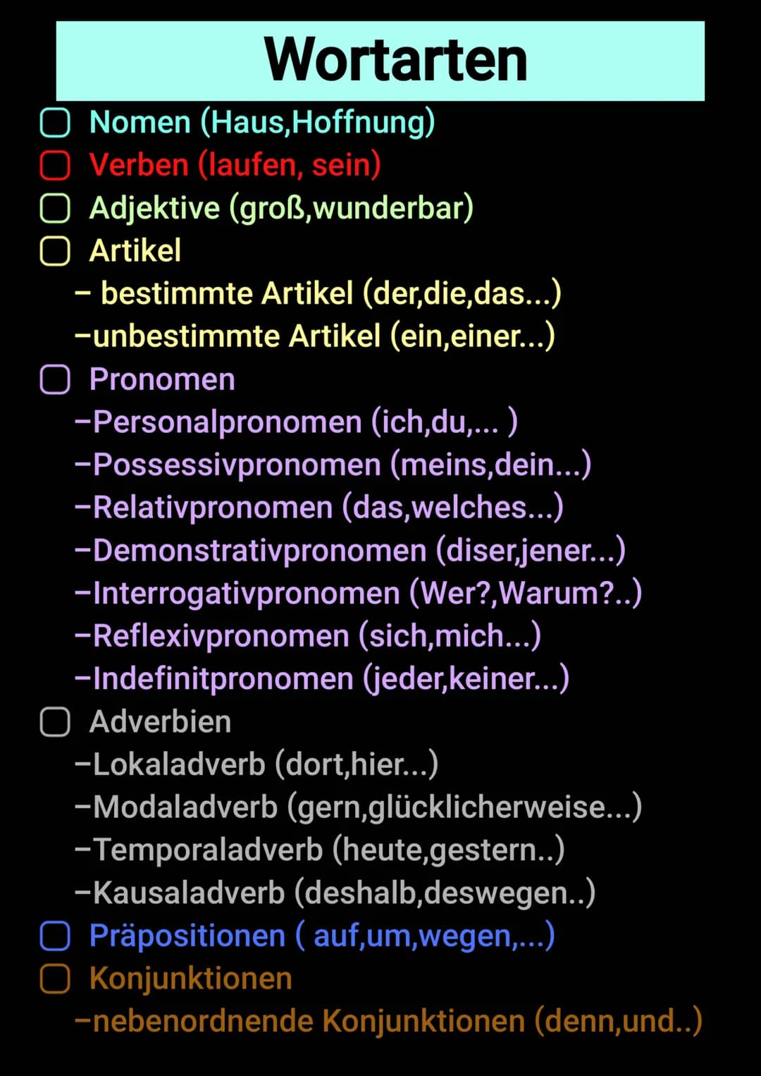 Wortarten
Nomen (Haus, Hoffnung)
O Verben (laufen, sein)
O Adjektive (groß, wunderbar)
O Artikel
- bestimmte Artikel (der,die,das...)
-unbes