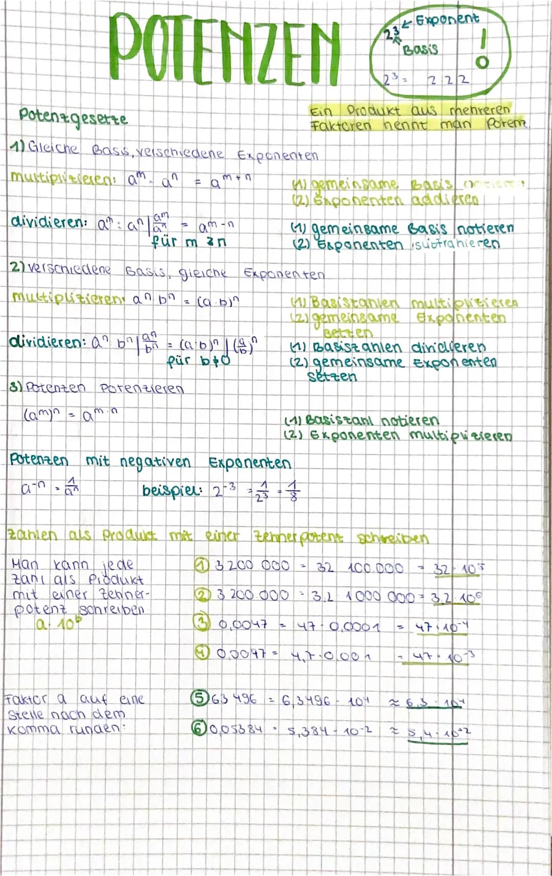 POTENZEN
Potenzgesetze
1) Gleiche Basis, verschiedene Exponenten
multiplizieren: am a^ = a m+n
dividieren: a: a lo
am
52
am-n
für m 3n
2) ve