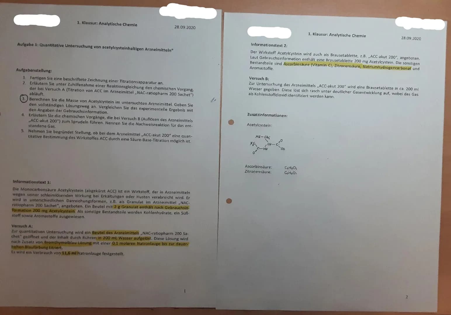 1. Klausur: Analytische Chemie
Aufgabe 1: Quantitative Untersuchung von acetylcysteinhaltigen Arzneimitteln"
28.09.2020
Aufgabenstellung:
1
