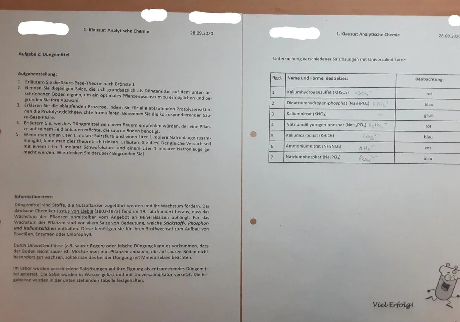1. Klausur: Analytische Chemie
Aufgabe 1: Quantitative Untersuchung von acetylcysteinhaltigen Arzneimitteln"
28.09.2020
Aufgabenstellung:
1

