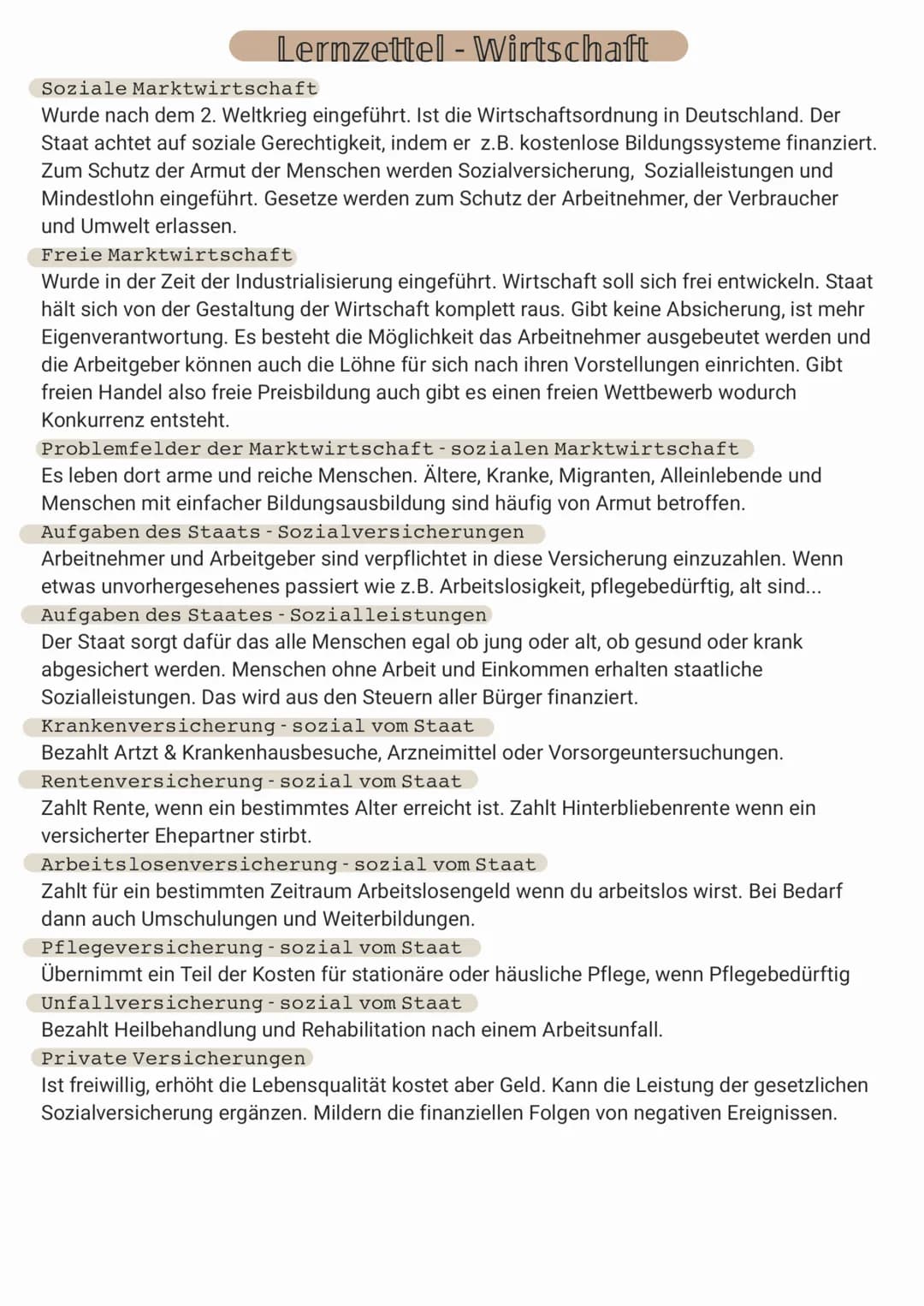 Lernzettel - Wirtschaft
Soziale Marktwirtschaft
Wurde nach dem 2. Weltkrieg eingeführt. Ist die Wirtschaftsordnung in Deutschland. Der
Staat