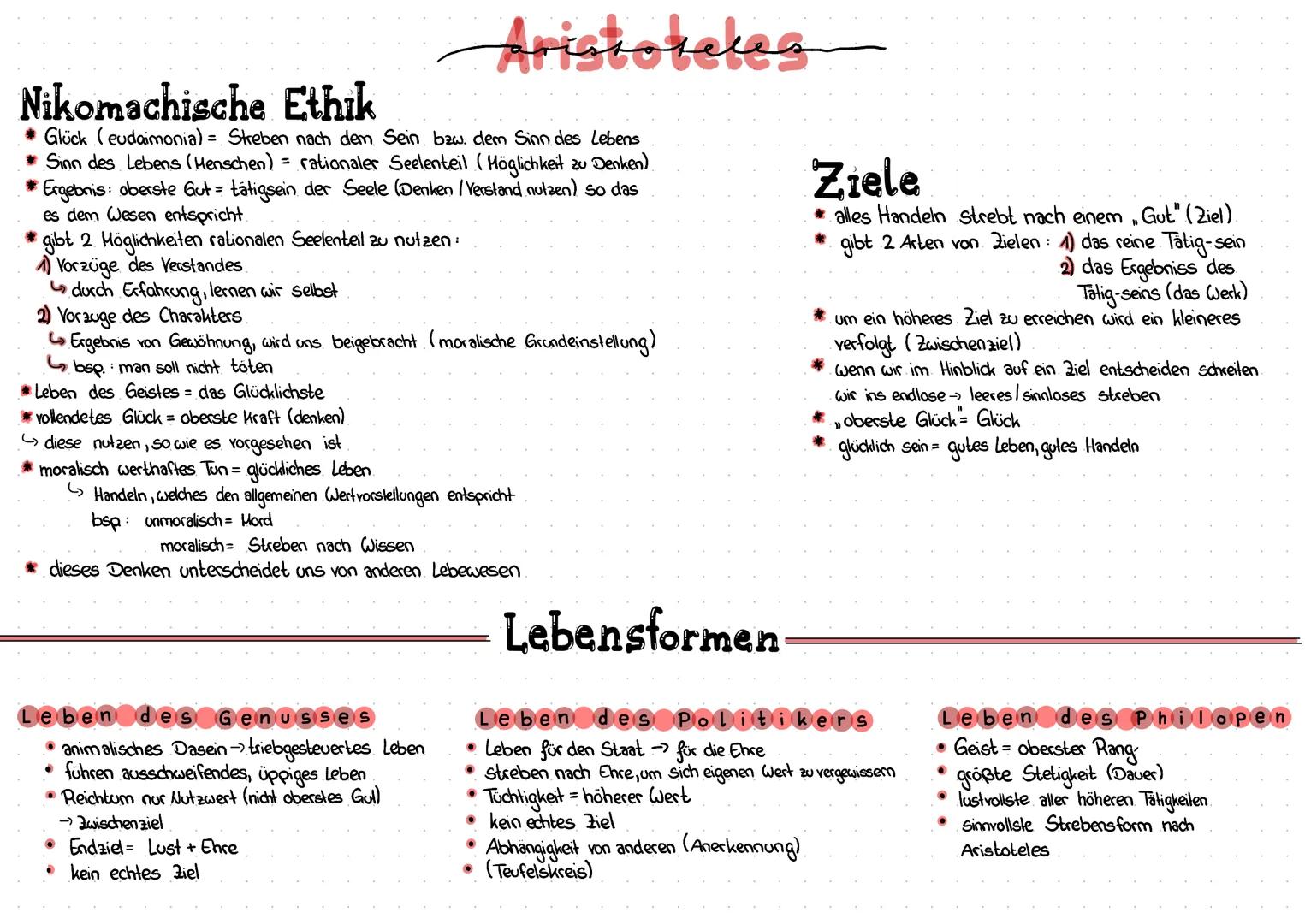 Nikomachische Ethik
Glück (eudaimonia)= Streben nach dem Sein bzw. dem Sinn des Lebens
* Sinn des Lebens (Menschen) = rationaler Seelenteil 