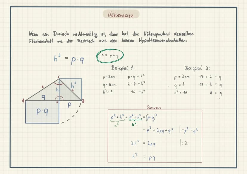 Der Satz des Pythagoras
Wenn das Dreieck ABC rechtwinklig ist, dann ist der Flächeninhalt des
Hypothemusenquadrats gleich der Summe der Fläc