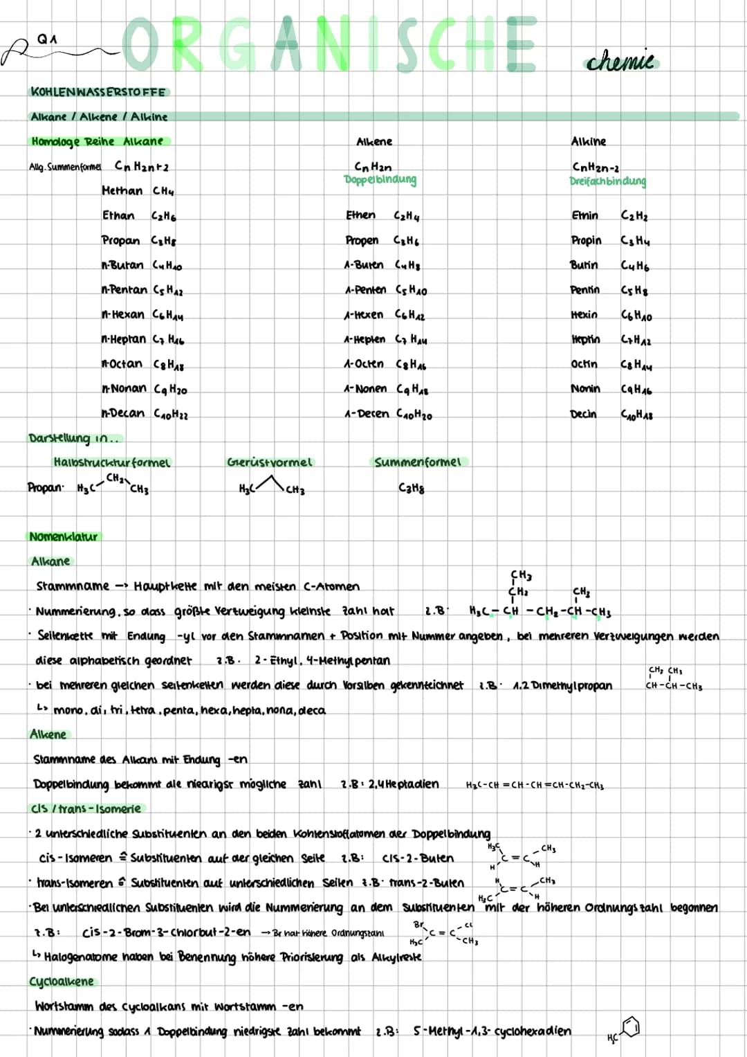 QA
sa ORGANISCIE
A
KOHLENWASSERSTOFFE
Alkane / Alkene / Alkine.
Homologe Reihe Alkane
Allg Summenformel CnH₂n+2
Darstellung in...
Halbstruck