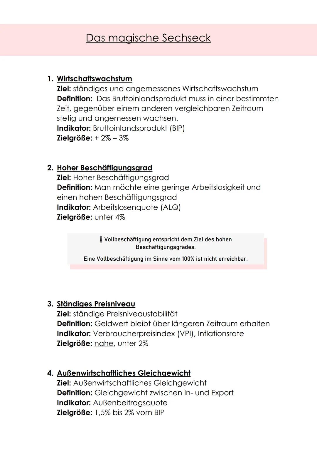 # Das magische Sechseck

1. Wirtschaftswachstum
Ziel: ständiges und angemessenes Wirtschaftswachstum
Definition: Das Bruttoinlandsprodukt mu
