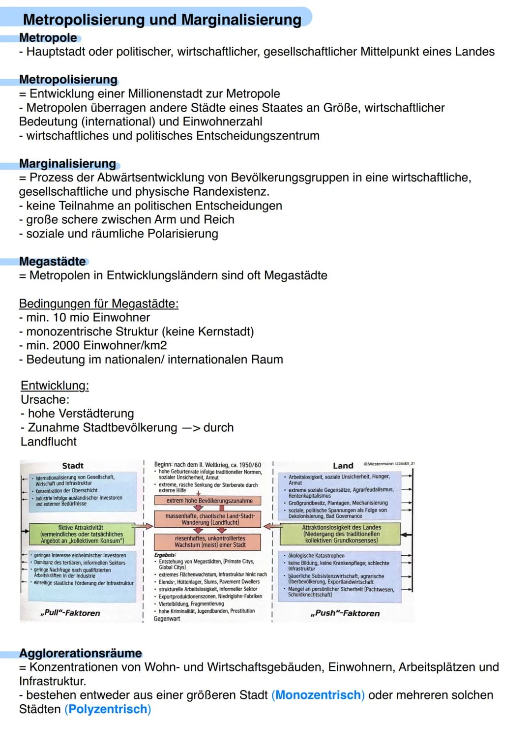 Metropolisierung und Marginalisierung
Metropole
- Hauptstadt oder politischer, wirtschaftlicher, gesellschaftlicher Mittelpunkt eines Landes