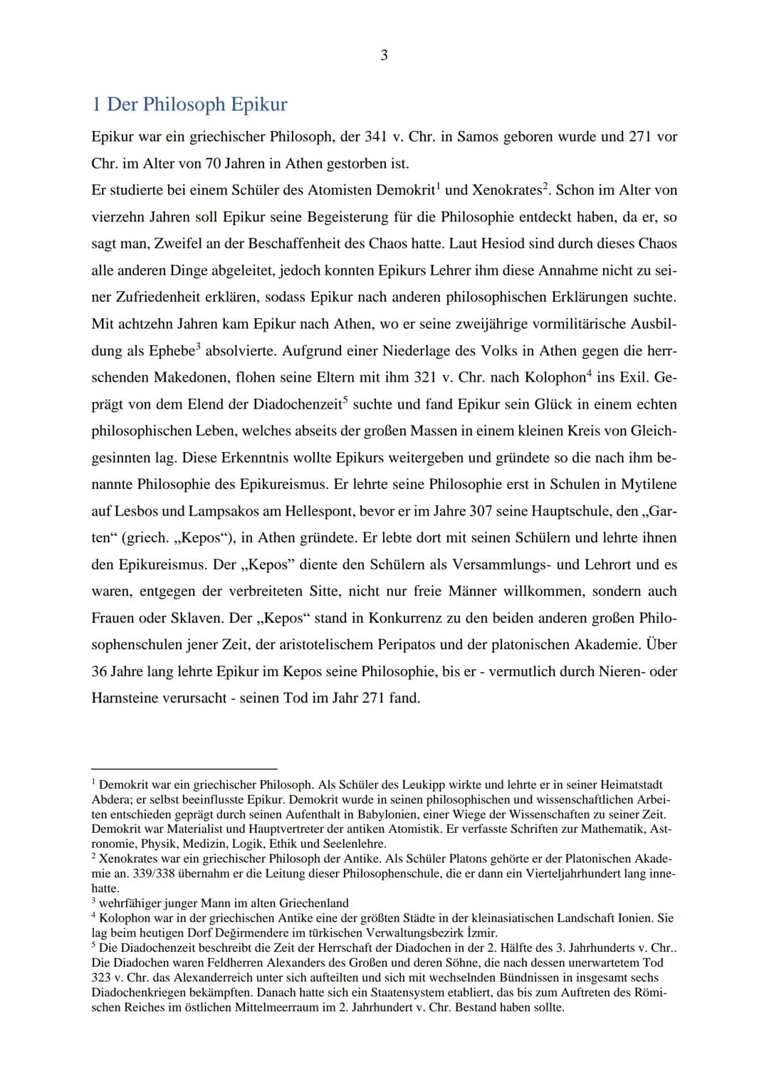 Der Epikureismus
Abb. I
Projektarbeit
Kurs: Grundkurs Latein Q2
Schuljahr 2020/2021 Inhaltsverzeichnis
1 Der Philosoph Epikur.
2 Die Lehre E