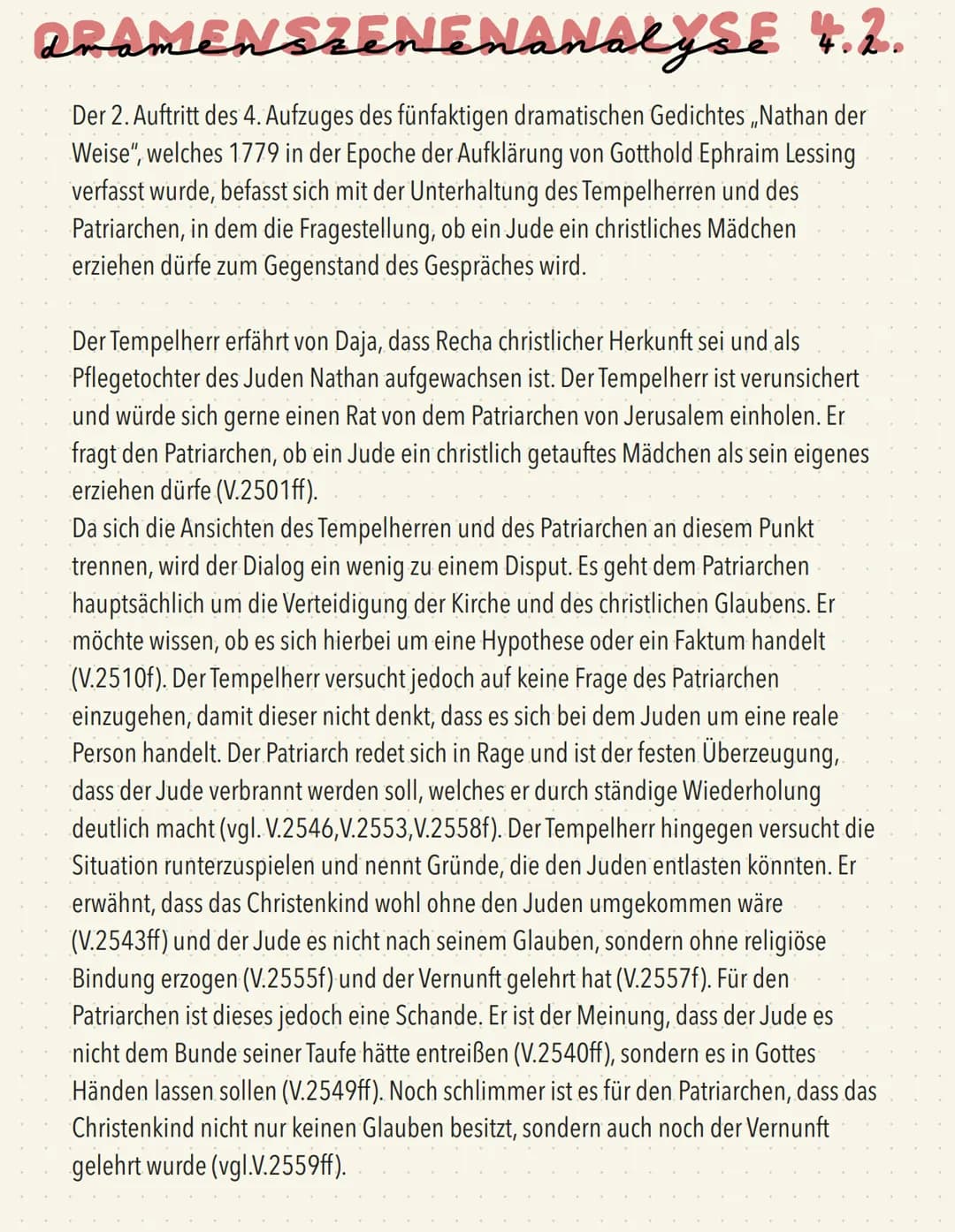 Der Tempelherr und der Patriarch haben im Verlauf des Dramas keine besondere
Bindung zueinander und stehen sich als Unbekannte gegenüber. De