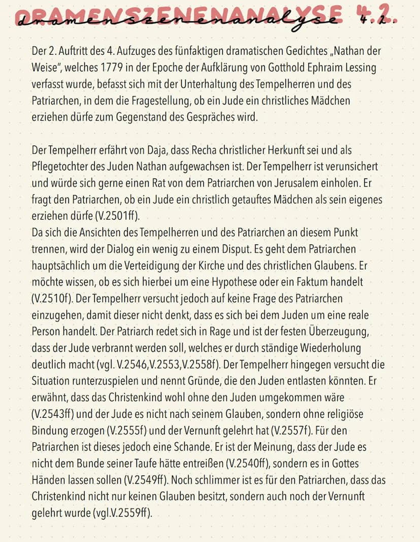 Der Tempelherr und der Patriarch haben im Verlauf des Dramas keine besondere
Bindung zueinander und stehen sich als Unbekannte gegenüber. De