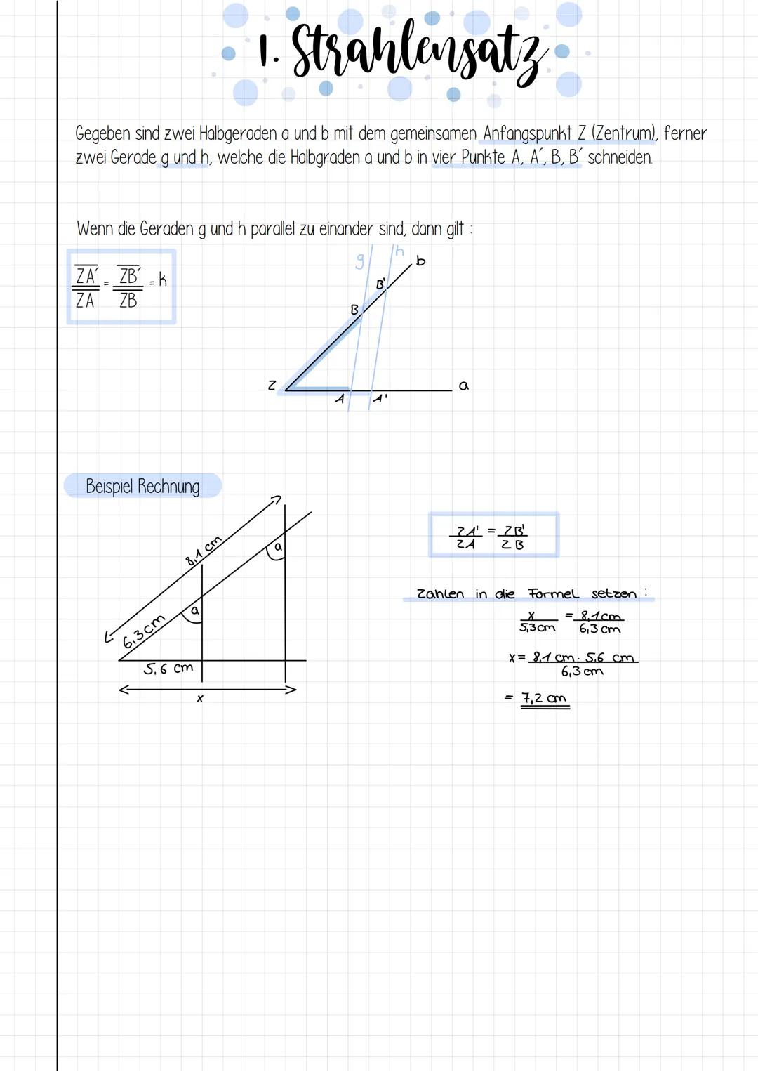 # 1. Strahlensatz

Gegeben sind zwei Halbgeraden a und b mit dem gemeinsamen Anfangspunkt Z (Zentrum), ferner
zwei Gerade g und h, welche di