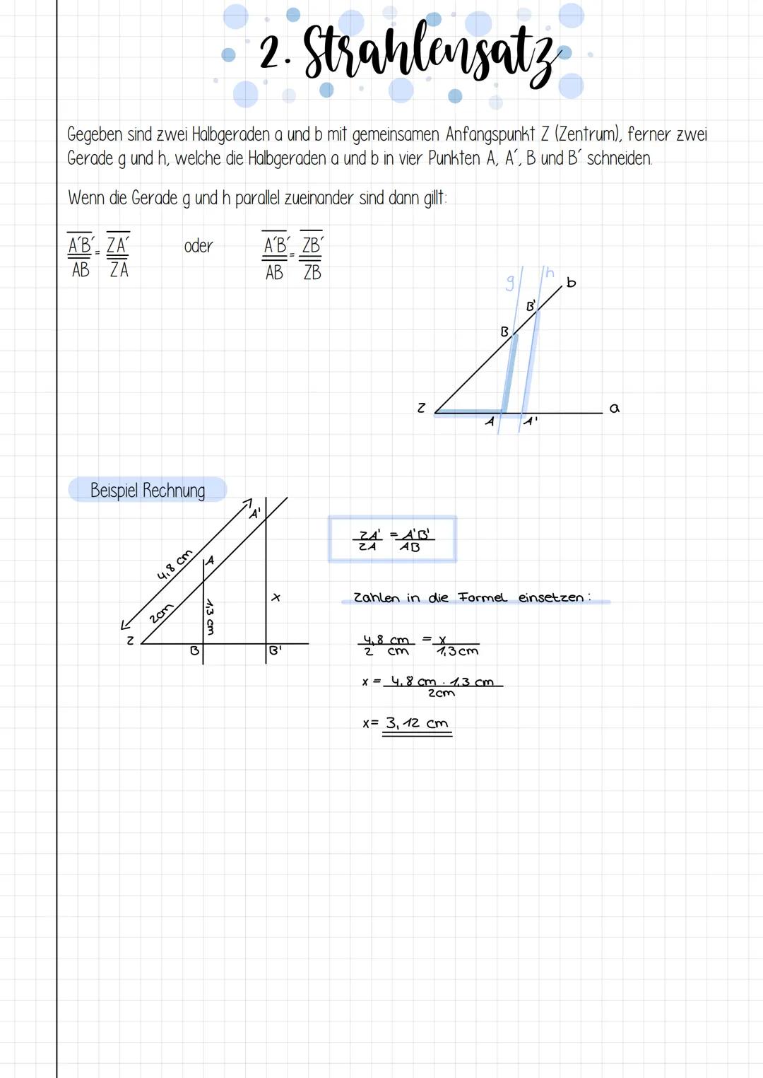 # 1. Strahlensatz

Gegeben sind zwei Halbgeraden a und b mit dem gemeinsamen Anfangspunkt Z (Zentrum), ferner
zwei Gerade g und h, welche di