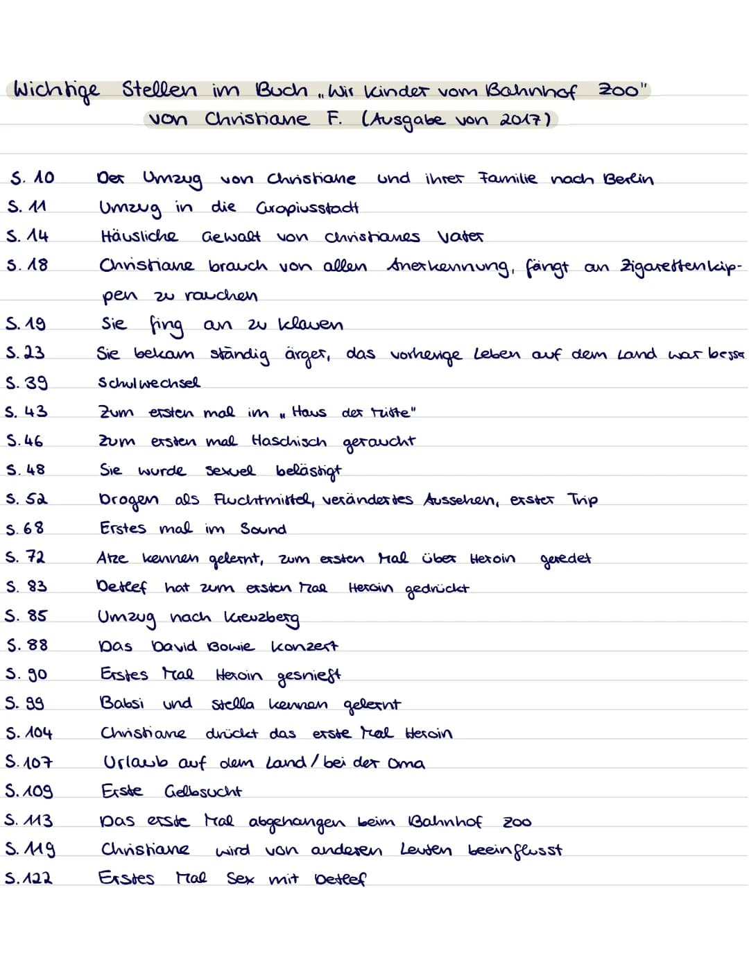 Wichtige Stellen im Buch,. Wir Kinder vom Bahnhof Zoo"
von Christiane F. (Ausgabe von 2017)
S. 10
S. 11
S. 14
S. 18
S. 19
S. 23
S. 39
S. 43
