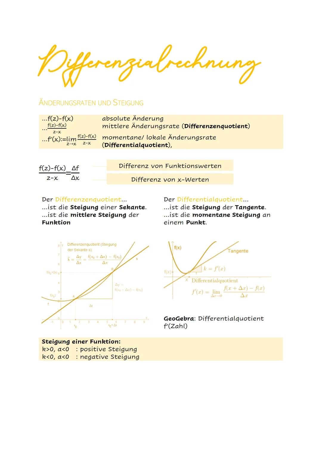 # Differenzialrechnung

ÄNDERUNGSRATEN UND STEIGUNG

...f(z)-f(x) absolute Änderung
f(z)-f(x)
2-x mittlere Änderungsrate (Differenzenquotien