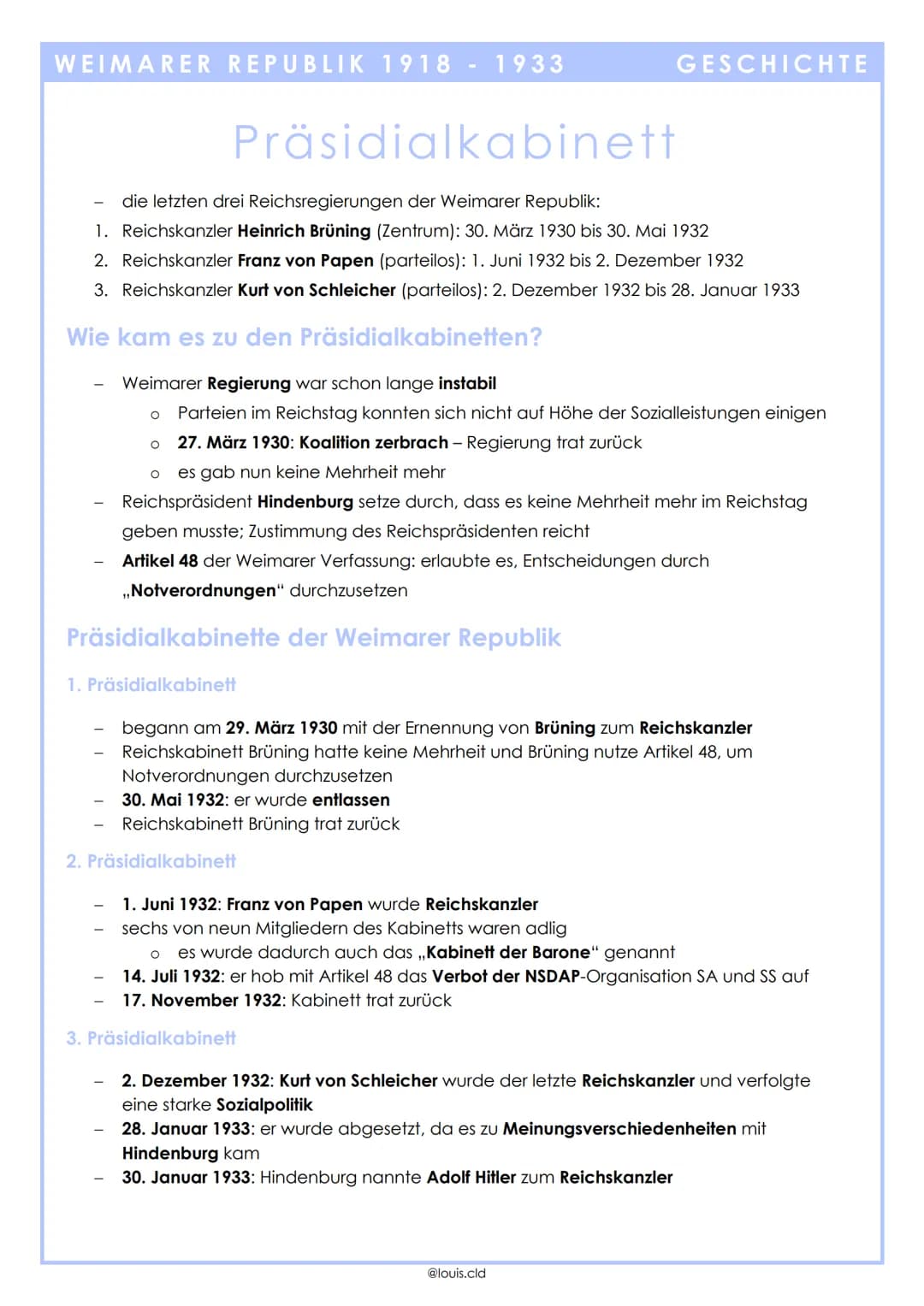 WEIMARER REPUBLIK 1918 - 1933
die letzten drei Reichsregierungen der Weimarer Republik:
1. Reichskanzler Heinrich Brüning (Zentrum): 30. Mär
