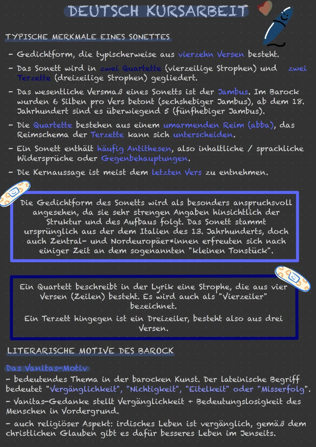 # DEUTSCH KURSARBEIT

TYPISCHE MERKMALE EINES SONETTES

- Gedichtform, die typischerweise aus vierzehn Versen besteht.
- Das Sonett wird in 