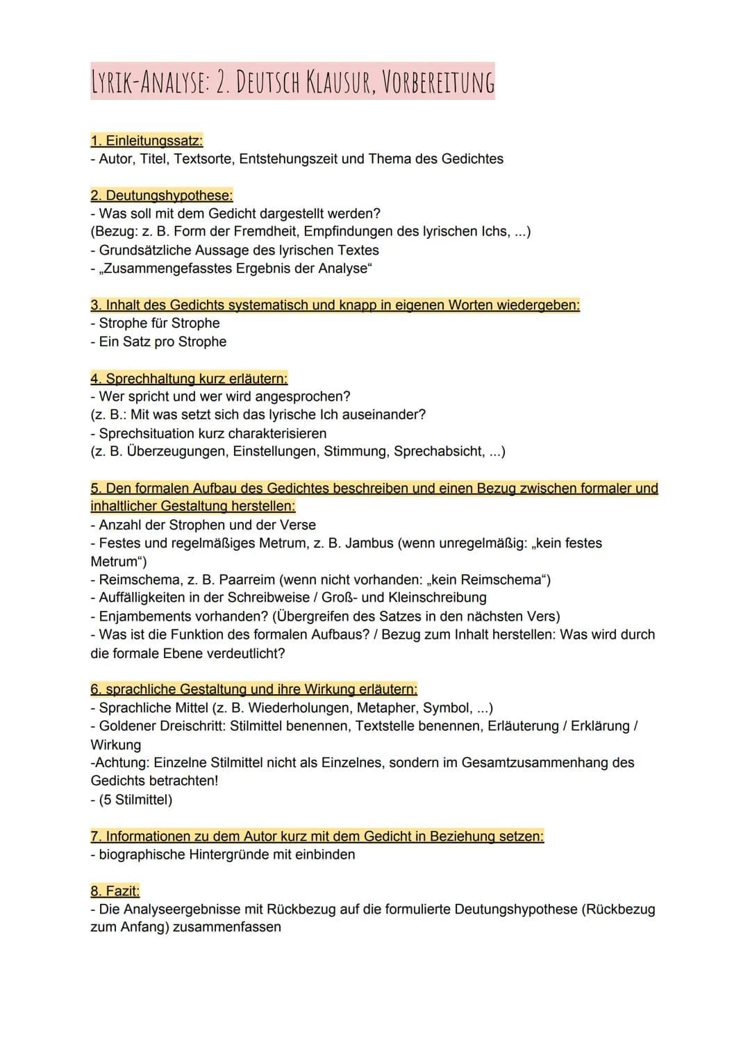 LYRIK-ANALYSE: 2. DEUTSCH KLAUSUR, VORBEREITUNG
1. Einleitungssatz:
- Autor, Titel, Textsorte, Entstehungszeit und Thema des Gedichtes
2. De