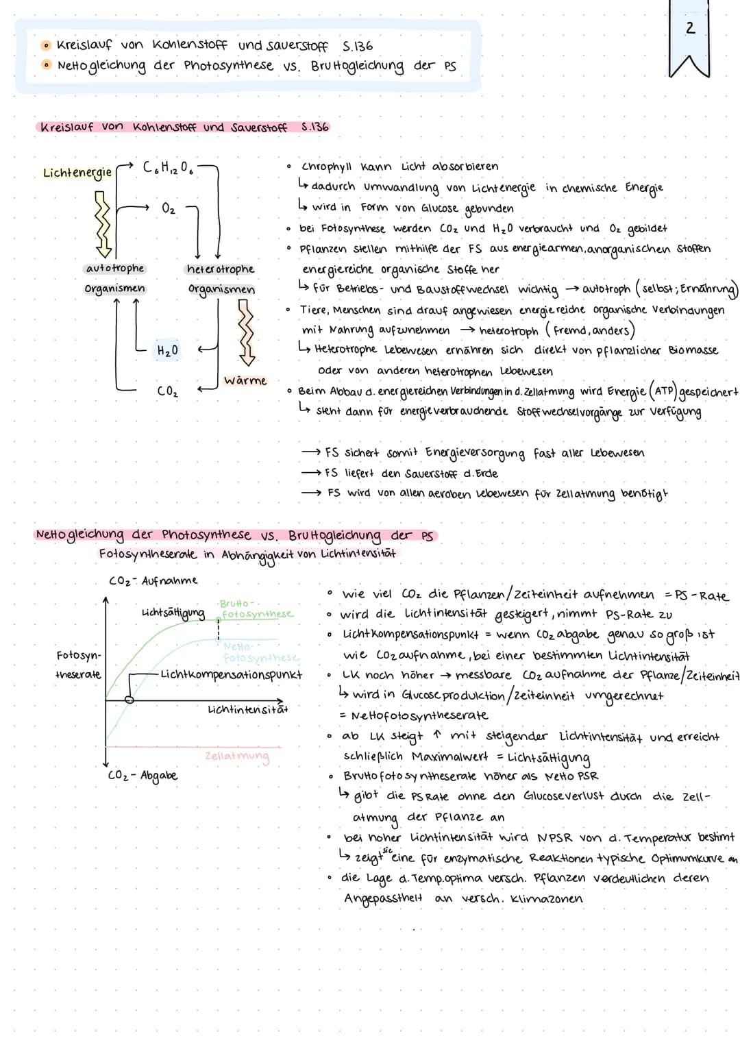• Kreislauf von Kohlenstoff und sauerstoff S.136
• Netto gleichung der Photosynthese vs. BruHogleichung der PS
Kreislauf von Kohlenstoff und