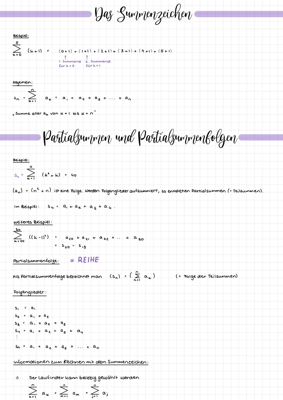 # Das Summenzeichen

Beispiel:

$
\sum_{k=0}^{5} (k+1) = (0+1)+(1+1) + (2+1)+(3+1) + (4+1) + (5+1)
$

1. Summand 2. Summand
für k=0 für k=1
