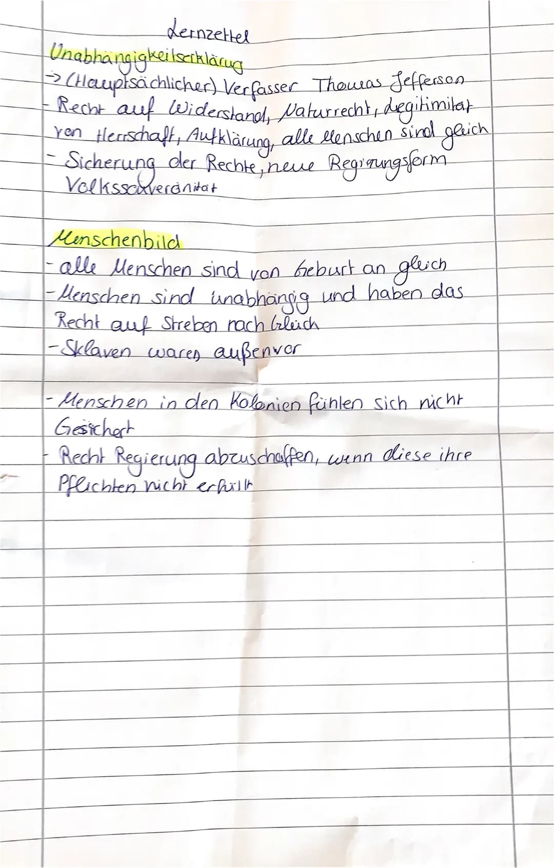 Lernzettel
Unabhängigkeitserklärung
→> (Hauptsächlicher) Verfasser Thomas Jefferson
Recht auf Widerstand, Naturrecht, degitimitat
Yon Herrsc