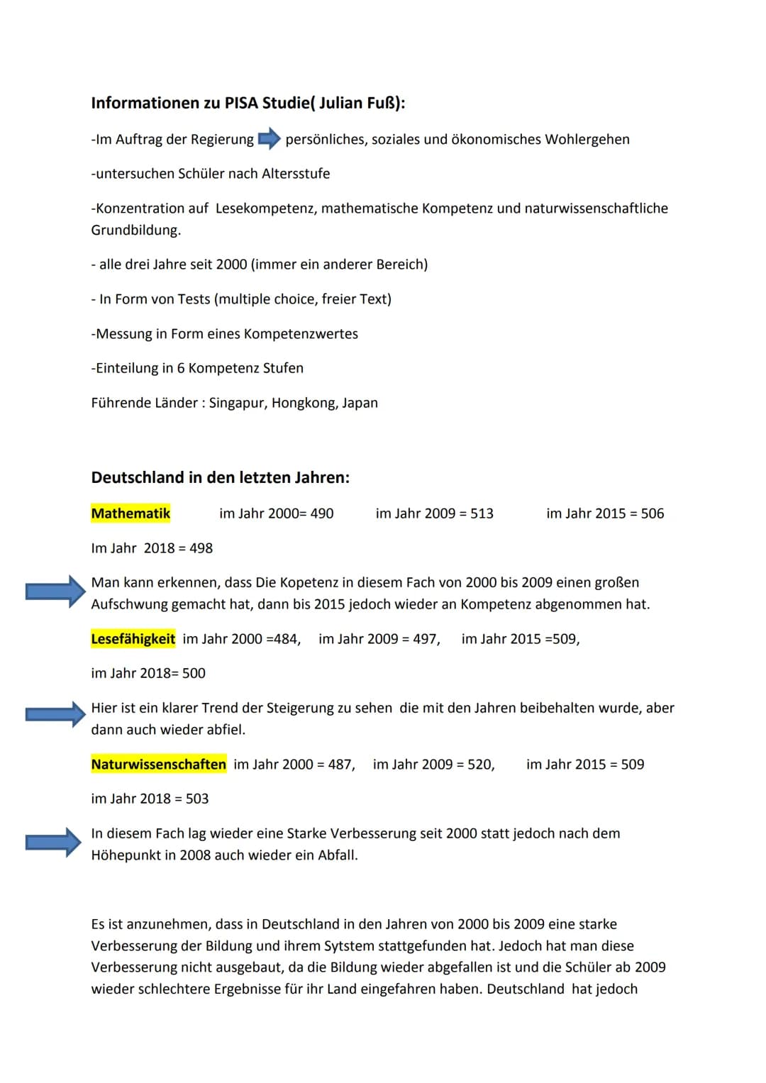 Informationen zu PISA Studie( Julian Fuß):
-Im Auftrag der Regierung persönliches, soziales und ökonomisches Wohlergehen
-untersuchen Schüle