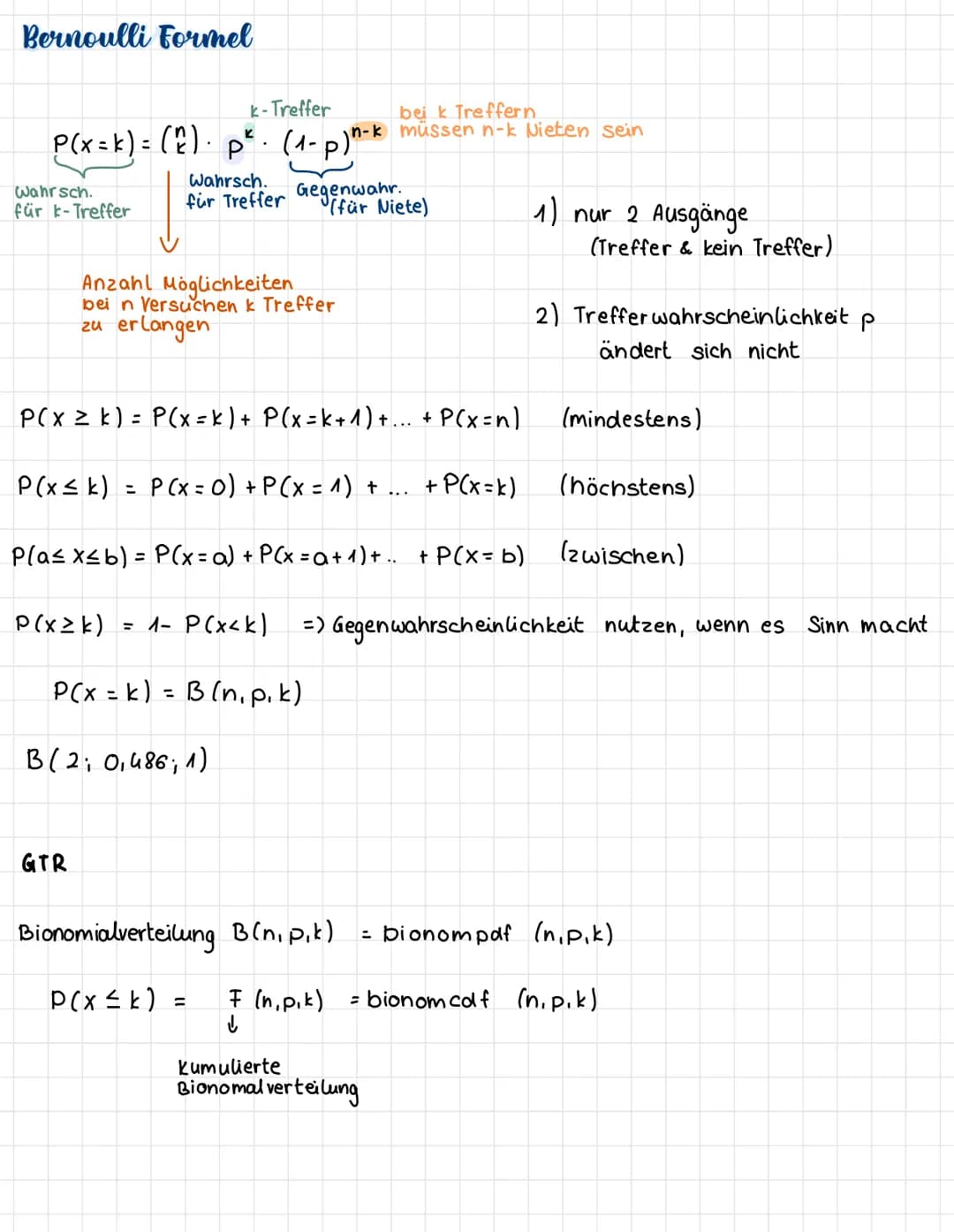 Bernoulli Formel
k-Treffer
P(x = k) = (2) p² ⋅ (1-p)n-k
Wahrsch.
für Treffer Gegenwahr.
Wahrsch.
für k-Treffer
GTR
Anzahl Möglichkeiten
bein