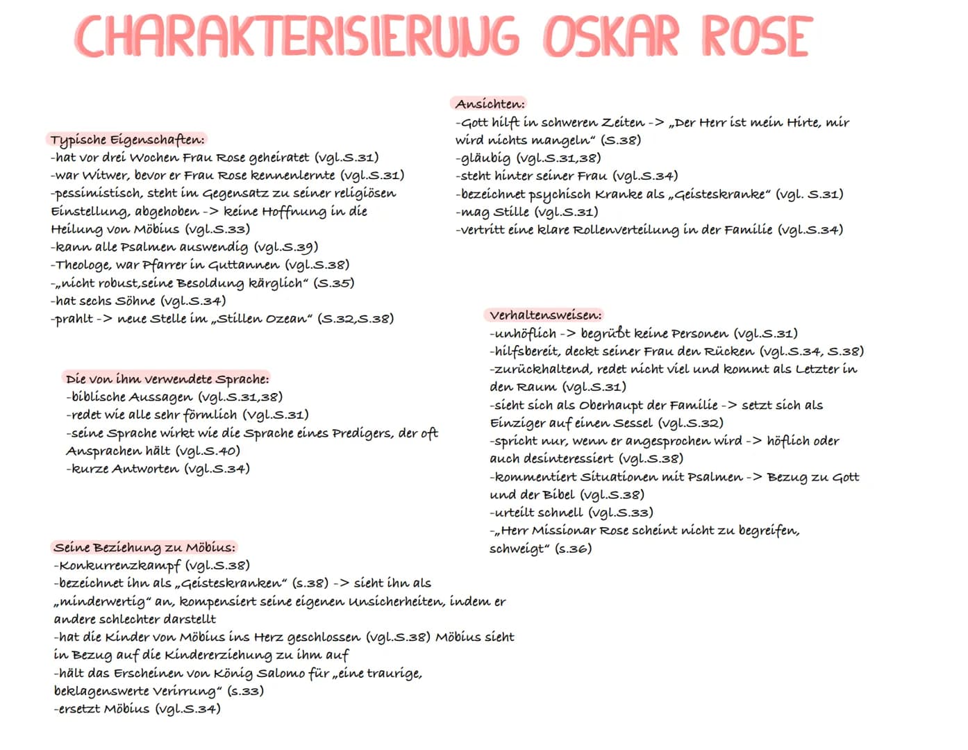 CHARAKTERISIERUNG OSKAR ROSE
Ansichten:
-Gott hilft in schweren Zeiten -> „Der Herr ist mein Hirte, mir
wird nichts mangeln" (S.38)
Typische