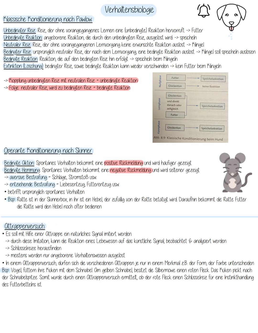 Verhaltensbiologie
Klassische Konditionierung nach Pawlow:
Unbedingter Reiz Reiz, der ohne vorangegangenes Lernen eine (unbedingte) Reaktion