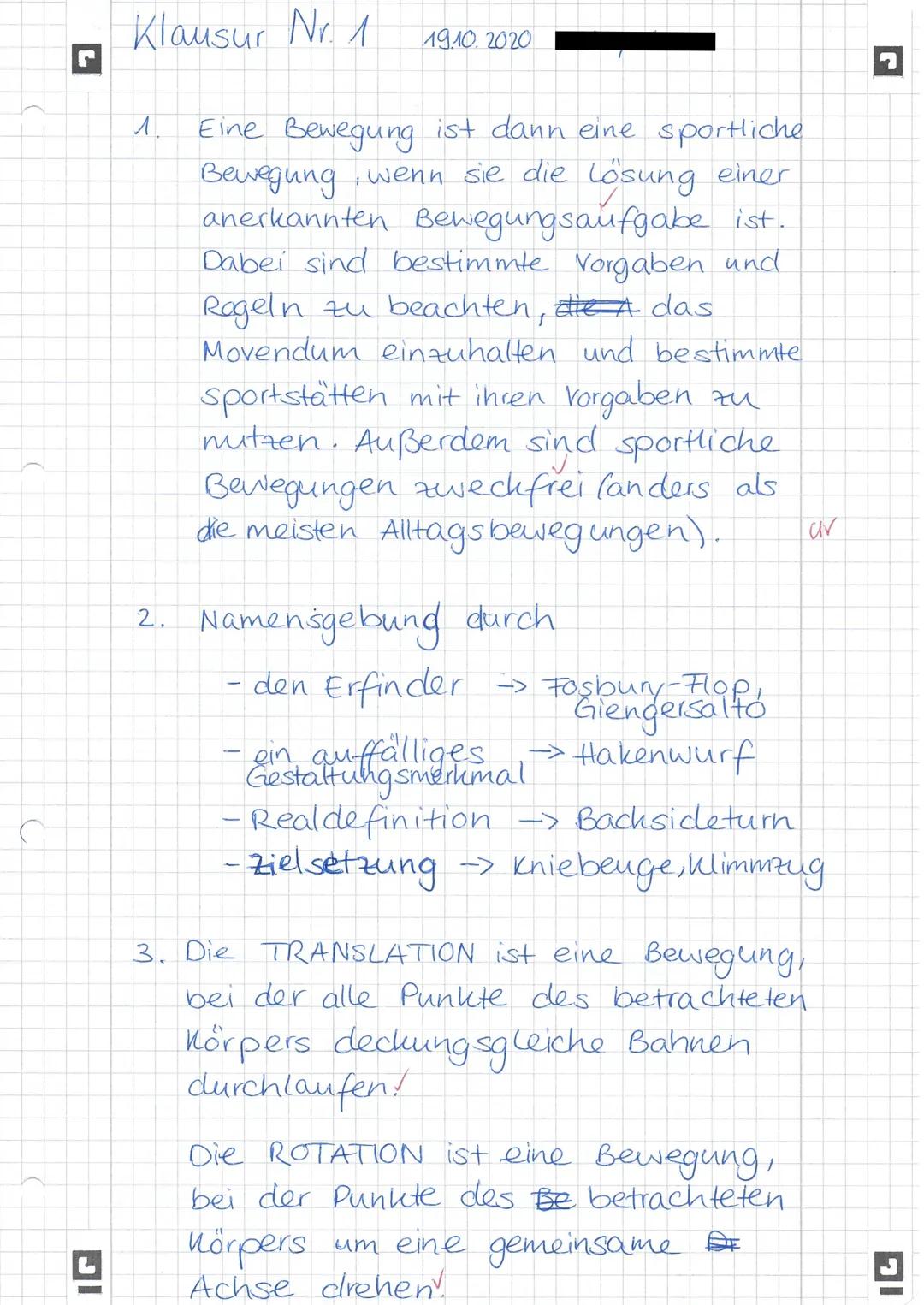 Klausur LF Sport
1712 VP
Name:
K2
Theorie - Bewegungslehre
Der Begriff ,,Sportliche Bewegung" beinhaltet eine Menge an Bewegungen, dennoch i