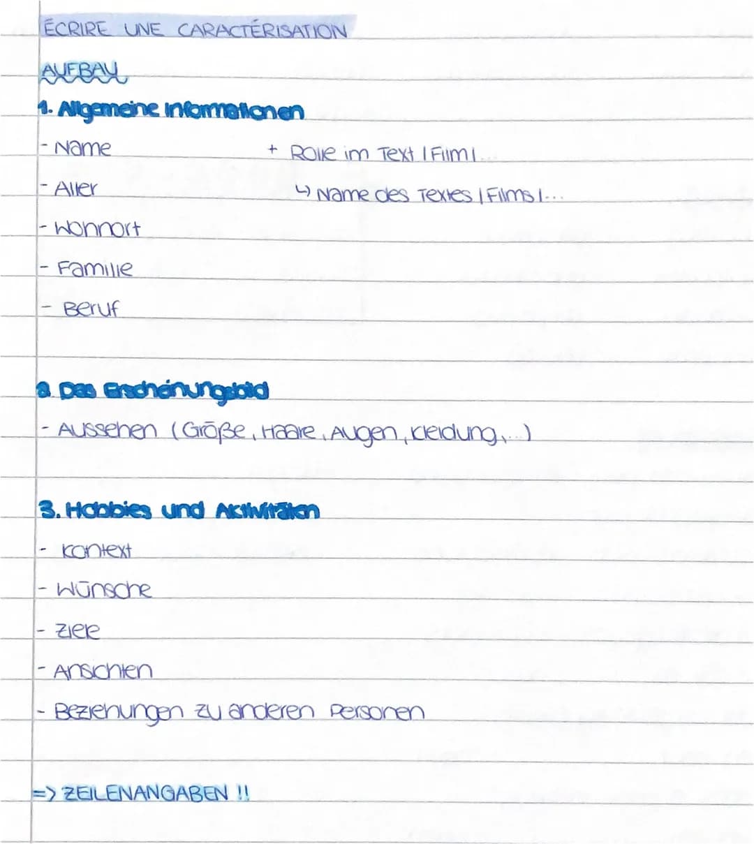 ÉCRIRE UNE CARACTÉRISATION
AUFBAY
1. Allgemeine Informationen
1- Name
1- Aller
-Wohnort
Famille
Beruf
+ Rolle im Text I Film !...
a pas ersc