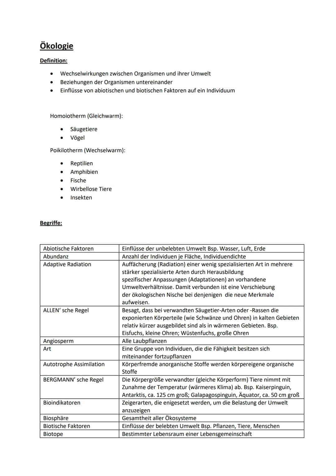 Ökologie
Definition:
Wechselwirkungen zwischen Organismen und ihrer Umwelt
● Beziehungen der Organismen untereinander
● Einflüsse von abioti
