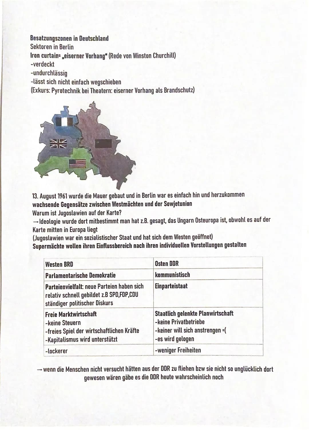 Besatzungszonen in Deutschland
Sektoren in Berlin
Iron curtain „eiserner Vorhang" (Rede von Winston Churchill)
-verdeckt
-undurchlässig
-läs