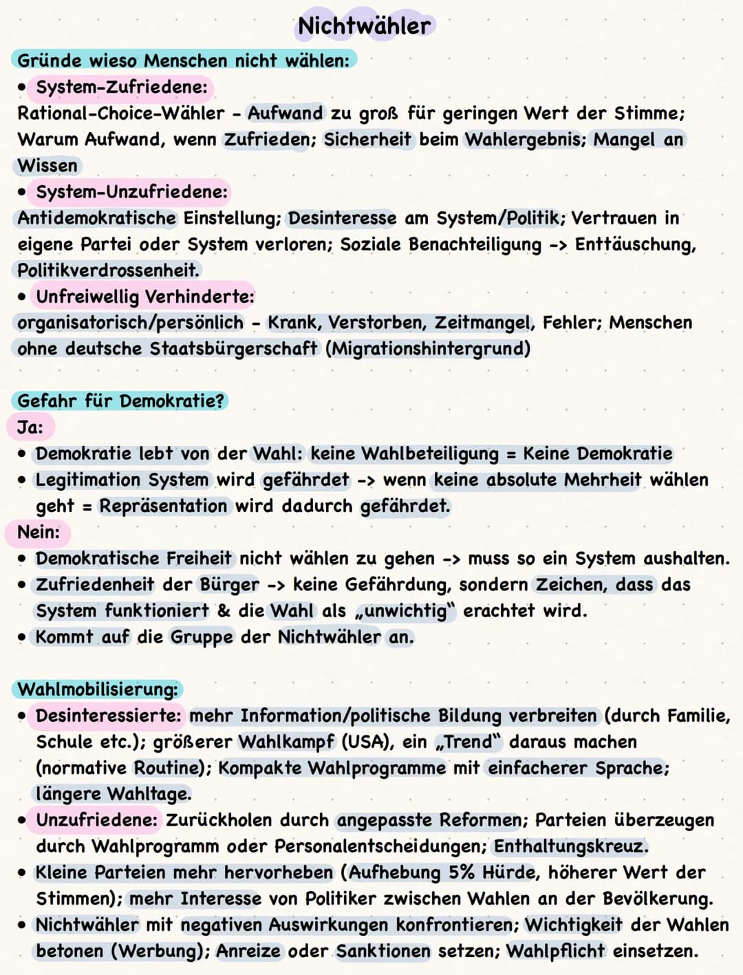 Nichtwähler
Gründe wieso Menschen nicht wählen:
• System-Zufriedene:
Rational-Choice-Wähler - Aufwand zu groß für geringen Wert der Stimme;
