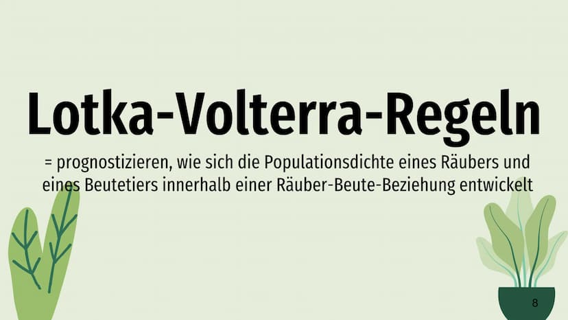 Räuber-Beute-Beziehung
Lotka-Volterra-Regeln Räuber - Beute - Beziehung
→
Definition
Räuber
Inhaltsverzeichnis
Beute
Populationsentwicklung
