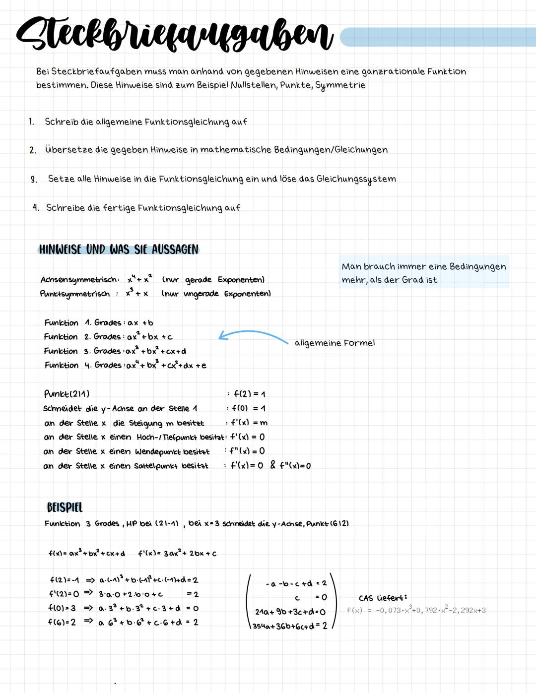 Steckbriefaufgaben
Bei Steckbrie faufgaben muss man anhand von gegebenen Hinweisen eine ganzrationale Funktion
bestimmen. Diese Hinweise sin