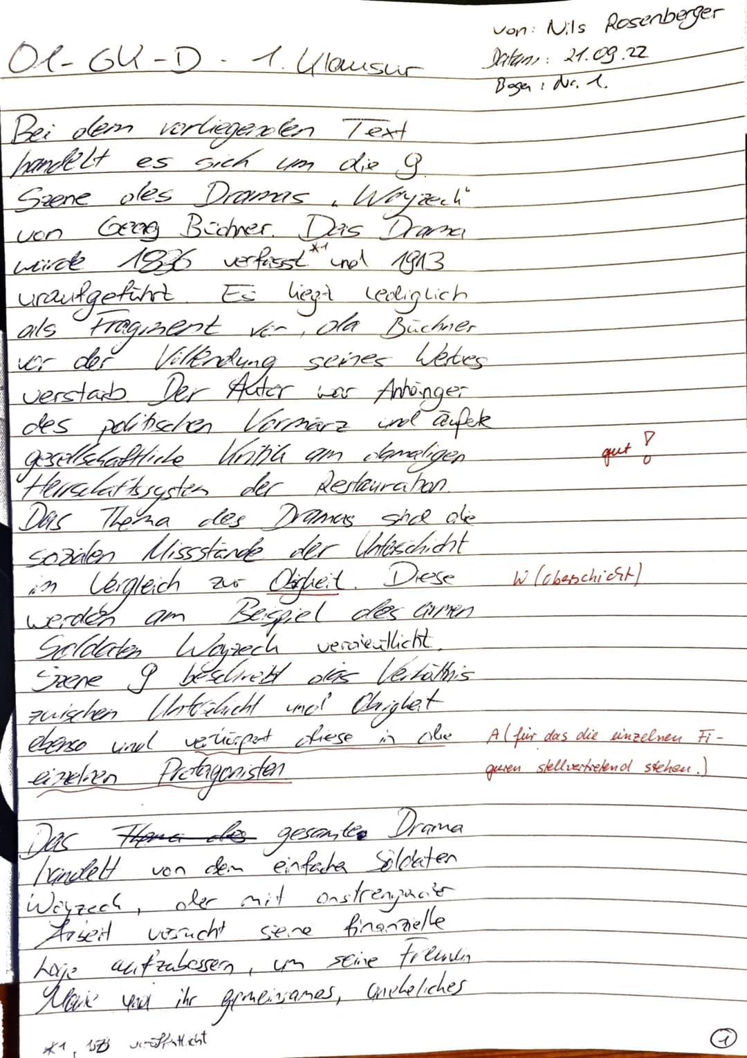 1. Klausur
GKe Q1 Deutsch Rölleke / Feldmann 21.09.2022
NAME: Nils Rosenberger
Thema: Georg Büchner, Woyzeck - Analyse einer Dramenszene
Auf