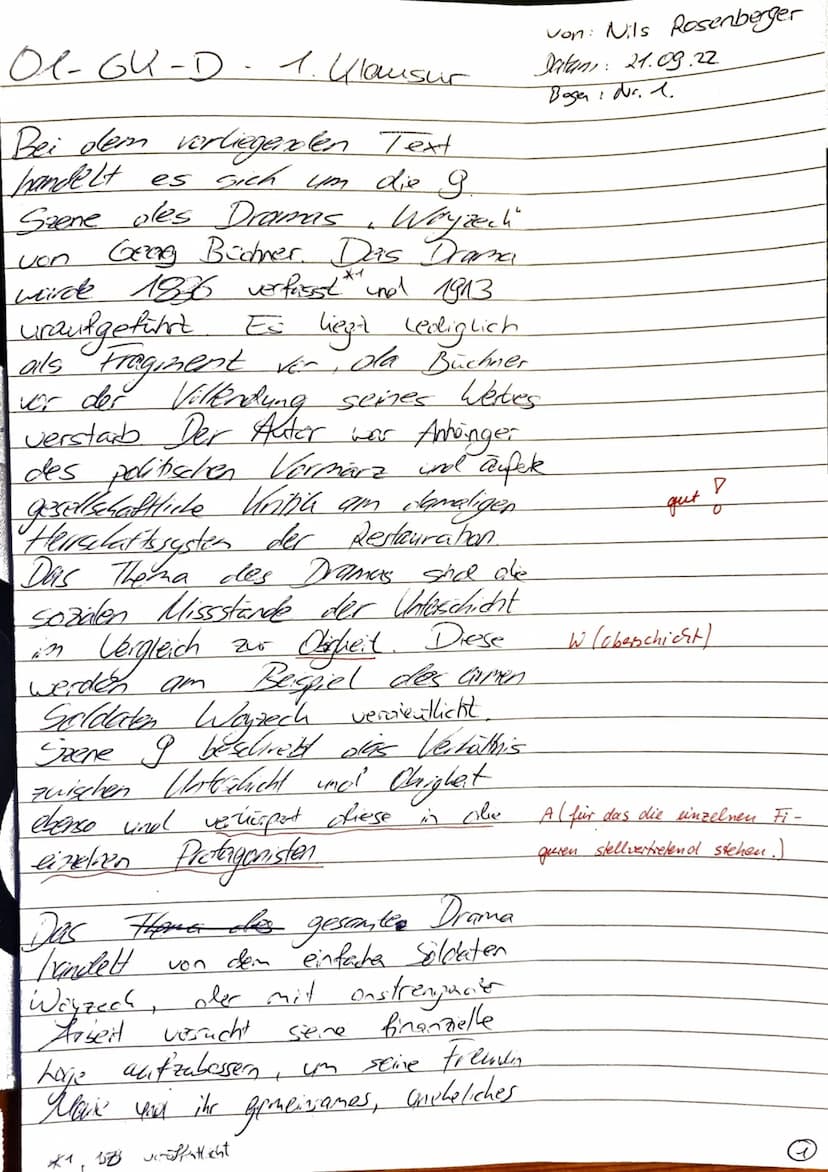 1. Klausur
GKe Q1 Deutsch Rölleke / Feldmann 21.09.2022
NAME: Nils Rosenberger
Thema: Georg Büchner, Woyzeck - Analyse einer Dramenszene
Auf