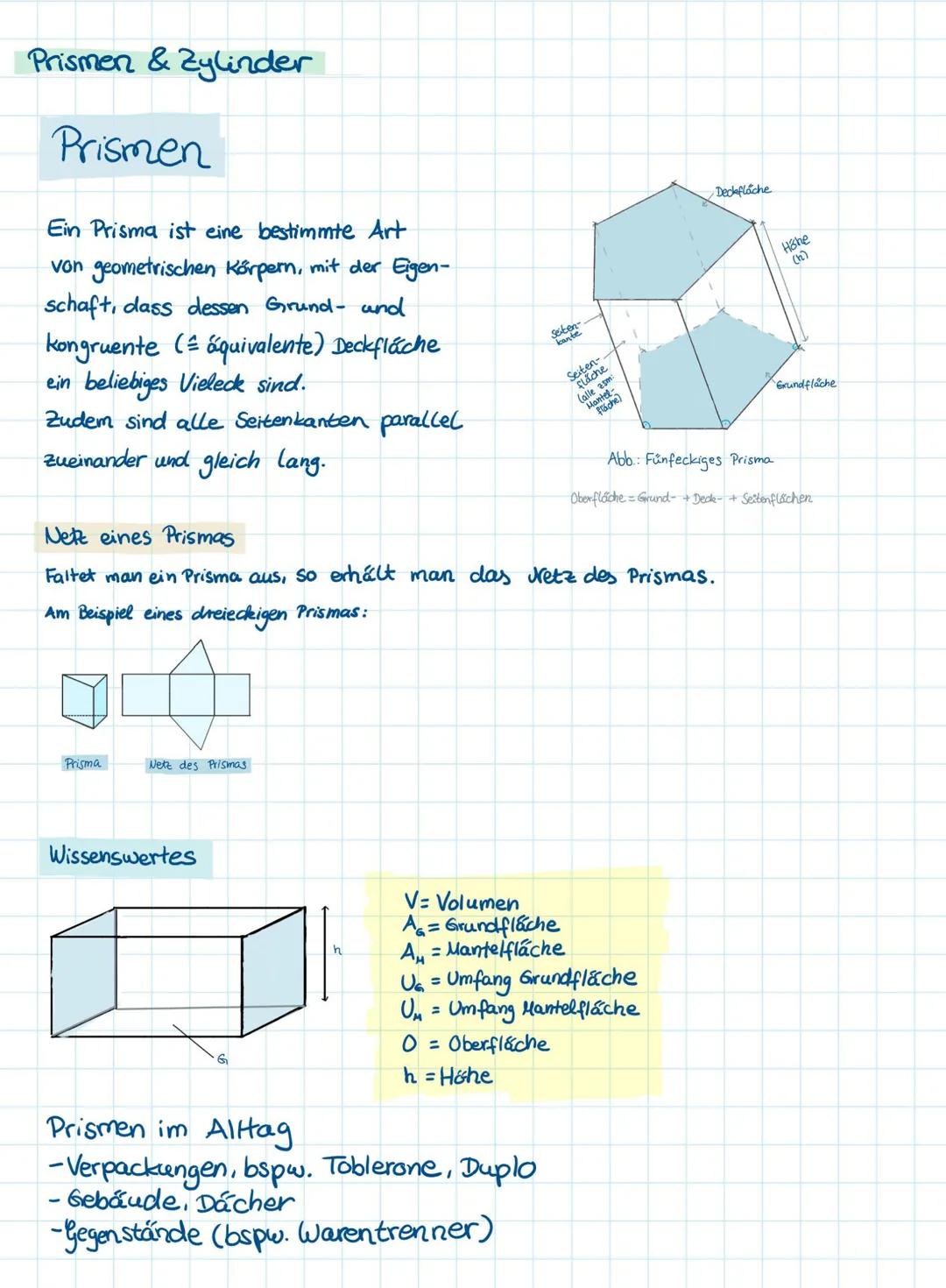 # Prismen & Zylinder

Prismen

Ein Prisma ist eine bestimmte Art
von geometrischen Körpern, mit der Eigen-
schaft, dass dessen Grund- und
ko